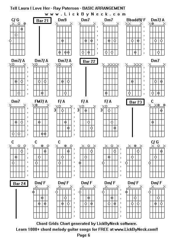 Chord Grids Chart of chord melody fingerstyle guitar song-Tell Laura I Love Her - Ray Paterson - BASIC ARRANGEMENT,generated by LickByNeck software.